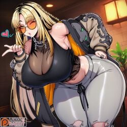 1girl 2026 2d absurd_res absurd_resolution absurdres ai_generated bare_shoulders blonde_hair blowing_kiss braid breasts chain_necklace cleavage crop_top curvy earrings green_eyes grey_pants hand_on_own_hip heart hi_res high_quality high_resolution highres hololive hololive_dev_is huge_breasts image indoors jacket jewelry koganei_niko leaning_forward long_hair looking_at_viewer looking_over_eyewear lumarabbit midriff multicolored_hair multiple_rings navel necklace off_shoulder one_eye_closed open_clothes open_jacket orange-tinted_eyewear pants parted_bangs patreon patreon_username piercing puckered_lips ring see-through shirt sleeveless solo sunglasses thick_thighs thighs tinted_eyewear torn_clothes torn_jeans torn_pants uncensured vtuber watermark wide_hips