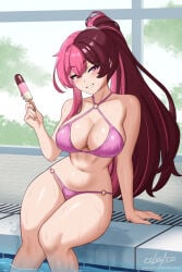 1girl bikini brown_eye brown_hair cslucaris heterochromia ice_cream ice_pop neo_(rwby) pink_bikini pink_eye pink_hair ponytail pool poolside rwby smile solo two-tone_hair wet