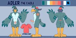 abs accipitrid accipitriform adler_(feber12) anthro avian balls baseball_cap bird blue_background character_name clothing eagle erection feathers genitals gerce green_body green_feathers hat hat_only headgear headgear_only headwear headwear_only hi_res male model_sheet mostly_nude muscular muscular_anthro muscular_male pecs penis simple_background smile solo