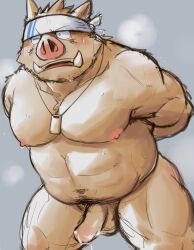 2022 anthro balls belly blush bodily_fluids cum erection genital_fluids genitals hi_res kemono male mammal moobs nipples one_eye_closed overweight overweight_male penis shiike999 solo suid suina sus_(pig) wild_boar