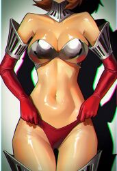 1girl adjusting_clothes adjusting_swimsuit ai_generated alternate_costume armor ass_visible_through_thighs bikini bikini_armor breasts brown_hair chromatic_aberration cleavage elbow_gloves elfgens gloves head_out_of_frame heavy_chromatic_aberration high-cut_armor_(persona) medium_breasts navel official_alternate_costume persona persona_3 persona_3_reload red_bikini red_gloves red_thighhighs revealing_clothes self_upload shiny shiny_skin short_hair simple_background solo swimsuit takeba_yukari thigh_gap thighhighs white_background