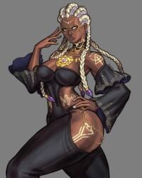 1girls big_breasts big_tits bodypaint braid curvy curvy_female dark-skinned_female dark_skin dolores_(kof) dress glasses gold gold_(metal) gold_jewelry green_eyes huge_breasts king_of_fighters panties purple_hair round_glasses standing thick thick_ass two-tone_hair voluptuous voluptuous_female white_hair