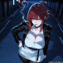 1girl ai_assisted ai_generated belt black_choker black_jacket black_legwear breasts building choker cigarette city cleavage collarbone curvaceous curvy curvy_female curvy_figure earrings eyebrows_visible_through_hair female hand_on_hip jacket jewelry large_breasts leather leather_jacket long_hair looking_at_viewer miyuai mouth_hold night open_clothes open_jacket pantyhose pencil_skirt red_eyes red_hair sidelocks skirt smoke smoking solo super_no_ura_de_yani_suu_futari tayama_(super_no_ura_de_yani_suu_futari) thick thick_ass thick_butt thick_hips thick_legs thick_thighs voluptuous voluptuous_female wide_hips wide_thighs