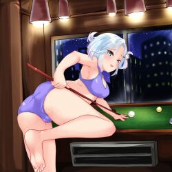 billiard_table blue_eyes blue_hair blush bra chiebukuro_setsuka danganronpa danganronpa_another fanganronpa female hair_ornament heterochromia panties purple_eyes sdra2 smooth_skin super_danganronpa_another_2