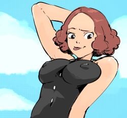 1girls arm_up brown_eyes female female_only haru_okumura haru_okumura_(swimsuit_strikers) immisterplow light_brown_hair light_skin looking_at_viewer mrplow34 nipple_bulge one-piece_swimsuit persona persona_5 persona_5_scramble:_the_phantom_strikers short_hair smile sweat swimsuit tongue tongue_out
