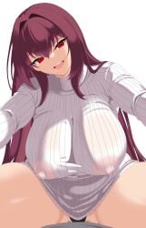 1girl breasts fate/grand_order fate_(series) hi_res high_resolution highres huge_breasts long_hair looking_at_viewer nipples onli720 panties pink_nipples red_eyes scathach_(fate) solo thick_thighs transparent_clothing voluptuous voluptuous_body voluptuous_female white_background