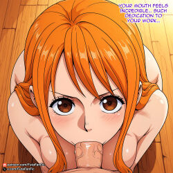 1boy 1girl ai_generated all_fours artist_name bangs blush breasts brown_eyes completely_nude english_text fellatio from_above hetero kneeling large_breasts long_hair looking_at_viewer medium_breasts nami_(one_piece) nude oral orange_eyes orange_hair patreon_username penis pov solo_focus uncensored veins veiny_penis watermark web_address wooden_floor