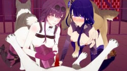 2girls 3boys 3d all_fours alternate_version_available areolae ass-to-ass ass-to-ass_penetration ass_to_ass bestiality blush breasts canine canine_penis clothed_sex cooperative_handjob cum dog doggy_style ejaculation female feral genshin_impact glasses glasses_on_head gloved_handjob gloves group_sex handjob honkai:_star_rail kafka_(honkai:_star_rail) knotting_position male nipples peace_sign penis purple_eyes purple_hair raiden_shogun sex v