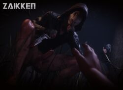 3d 3d_model blender crossover crouching dead_by_daylight erection frank_morrison gay ghostface knife kwon_tae-young looking_at_viewer male_only offscreen_character shushing thumbs_up yaoi zaikken