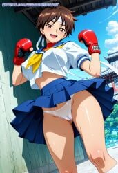 1girl absurd_resolution absurdres ai ai-created ai_art ai_generated anime anime_coloring anime_screenshot anime_style athletic athletic_girl bare_legs blue_skirt blue_sky blush boxing_gloves brown_eyes brown_hair capcom clenched_fist detailed_background digital_art dynamic_angle dynamic_pose exhibitionism exibitionism exited explicit fighting_pose fingerless_gloves foreshortening from_below full_body glossy glossy_body glossy_skin gorgeous hair_between_eyes headband hentai hi_res high_contrast high_quality high_resolution in_heat legs_apart looking_at_viewer low_angle midriff navel neckerchief nsfw open_mouth outdoors patreon perfect_anatomy pervert_female pleated_skirt plump presenting raised_fist rating_explicit red_gloves sailor_collar sakura_kasugano school_uniform serafuku sexy sexy_body sexy_female sexy_pose shadow short_hair short_sleeves smile soft_shading solo solo_focus source_anime standing street_fighter sunlight tagme teasing teasing_viewer teeth voluptuous voluptuous_body voluptuous_female white_headband white_shirt white_socks yellow_neckerchief