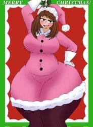 bottom_heavy breasts christmas christmas_clothing christmas_hat christmas_outfit clothing gloves hat high_heel_boots hyper_ass mistletoe mr.lewd my_hero_academia ochako_uraraka seductive seductive_smile simple_background solo thick thick_thighs thighs thighs_bigger_than_head thunder_thighs wide_hips