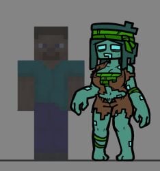 1girls algae blue_skin drowned_(minecraft) glowing_eyes minecraft open_shirt pizzamozzar3lla shorts torn_clothes