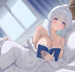 1girls absurdres bare_shoulders bed blue_archive boobs_in_book_(meme) breasts commentary covered_navel curtains female highres indoors lanhua227 large_breasts long_hair lying meme nightgown noa_(blue_archive) noa_(pajamas)_(blue_archive) official_alternate_costume on_bed on_side pajamas pillow purple_eyes smile solo very_long_hair white_hair white_nightgown white_pajamas window
