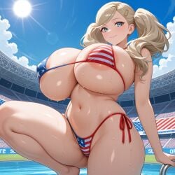 1girls 2026 ai ai_generated american_flag_bikini ann_takamaki areola_slip atlus bangs blaste blonde blonde_female blonde_hair blue_eyes cleavage female female_focus female_only gigantic_breasts gravity_defying_breasts hairclip huge_breasts hyper_breasts large_breasts persona persona_5 pool sexy skimpy_bikini small_waist stadium sweat sweating thick_thighs twintails wide_hips