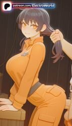 1boy 1girl 1girls 2026 ai_generated artist_name black_hair boobs breasts bust chest electroworld en'en enen fire_force grabbing_another's_hair hi_res high_quality high_resolution highres kotatsu_tamaki no orange_eyes orange_jacket patreon patreon_username shouboutai stable_diffusion tamaki_kotatsu tits watermark