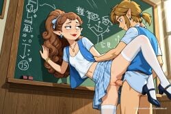 1girl against_wall ai_assisted ai_generated brown_hair chalkboard checkered_skirt doggy_style doggy_style_sex dripping_pussy facing_forward family_guy forced from_behind hand_on_back hand_on_neck head_turned looking_away looking_away_from_viewer looking_forward midriff navel no_panties petite_girl plaid_skirt ponytail