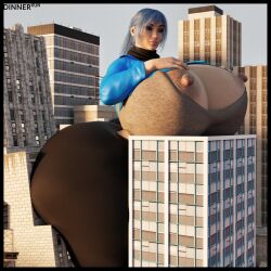 ass_expansion black_pants blue_clothing blue_hair breast_expansion building city clothing dinner-kun erect_nipples giantess hand_on_breast huge_ass huge_breasts limis nipple_slip nipples original_character puffy_areola puffy_nipples scarf ych_result yellow_eyes