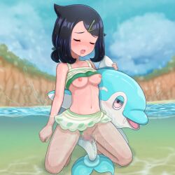 1boy 1girls bikini blush breasts creampie cum cum_in_pussy cum_inside elonga female finizen interspecies liko_(pokemon) male nipples penetration pokemon pokemon_(anime) pokemon_(species) pokemon_horizons pokephilia sex swimsuit swimsuit_aside
