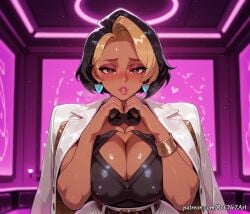 1girl 2026 ai_generated anime black_hair blizzard_entertainment blonde_hair blush boobs bracelet breasts brown_eyes cleavage cleavage_cutout clothing_cutout coat covered_nipples crossover dark-skinned_female dark_skin domina domina_(overwatch) earrings eye_contact female female_focus flushed heart heart-shaped_pupils heart_hands highres huge_breasts jacket jacket_on_shoulders jewelry large_breasts lips looking_at_viewer makeup multicolored_hair nsfw overwatch patreon ring rognezart short_hair solo symbol-shaped_pupils two-tone_hair upper_body white_jacket