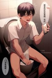 bathroom black_hair blush chinese_text color gay hikaru_ga_shinda_natsu hikaru_indou phone shirt sweatdrop the_summer_hikaru_died toilet yaoi yoshiki_tsujinaka