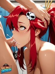 1boy 1boy1girl 1girls ai_generated bangs blowjob cum cum_in_mouth daytime deepthroat dressing_room golden_eyes gym head_grab long_hair pirate_cat red_hair rolling_eyes tengen_toppa_gurren_lagann yellow_eyes yoko_littner