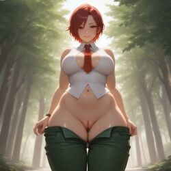 1girls ai_generated big_breasts big_tits clothed clothed_female huge_breasts king_of_fighters light-skinned_female light_skin pale-skinned_female pale_skin pants pussy red_eyes red_hair shirt short_hair thick tight_pussy vanessa_(kof)