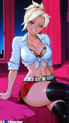 1girl 2026 2d absurd_res absurd_resolution absurdres ai_generated angela_ziegler animal_print bed belt black_thighhighs blizzard_entertainment blonde_hair blue_eyes bra breasts cleavage collarbone collared_shirt crop_top crossed_legs curtains earrings eyeshadow grin gyaru hi_res high_quality high_resolution highres hoop_earrings image indoors jewelry kogal large_breasts leopard_print looking_at_viewer makeup mercy mercy_(overwatch) midriff miniskirt navel night night_sky on_bed one_eye_closed overwatch overwatch_2 patreon patreon_logo patreon_username pleated_skirt ponytail red_skirt shirt sitting skirt sky sleeves_rolled_up smile solo thighhighs thighs tied_shirt uncensured underwear watermark white_belt wienergens window