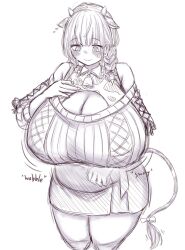 1girls 2021 animal_tail bangs belly braided_hair breasts chubby chubby_female cleavage cleavage_cutout cow_tail female female_focus hand_on_breast huge_breasts looking_down orristerioso plump short_hair sketch skirt smile smiling solo solo_female solo_focus sweatdrop tail thick_thighs thighs