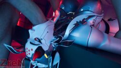 1boy1girl 1boy1girls 1girl1boy 1girls1boy 3d big_breasts blender glowing_eyes horns light_skinned_male on_table open_topwear overwatch overwatch_2 robot_girl shion_(overwatch) sword_swallowing_position table throat_fuck watermark zren