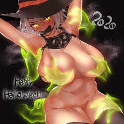 1girls big_breasts blush breast_grab breasts disembodied_hand fate/grand_order fate_(series) female ghost ghost_hands grabbing grabbing_breasts halloween hat hips jeanne_alter molestation nude nude_female poriuretan_dayo questionable_consent restrained taped_mouth thighhighs thighs white_hair yellow_eyes