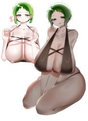 big_breasts bikini blush breasts_out cleavage female female_only genderswap_(mtf) gigantic_breasts green_eyes green_hair huge_breasts jeongsua257010 made_in_abyss rule_63 sagging_breasts short_hair sitting smile solo swimsuit thick_thighs torka wide_hips