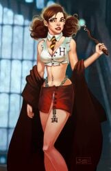 1girls 2012 aged_up alternate_hairstyle big_breasts breasts brown_hair cleavage female female_only harry_potter hermione_granger midriff navel_piercing panties school_uniform skimpy slutty_female solo solo_female tagme_(artist) tie