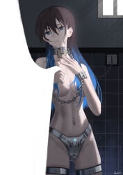 1girl absurdres ass blue_hair bound breasts brown_hair chastity_belt collar collarbone colored_tips commentary_request cuffs groin handcuffs highres indoors leash looking_at_viewer medium_breasts multicolored_hair navel navel_piercing original piercing restrained roundschen skindentation solo standing stomach thigh_strap wet