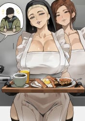 1boy 2girls apron breasts ethan_winters female female_focus large_breasts light-skinned_female light_skin looking_at_viewer male mature_female mia_winters milf mother_miranda_(resident_evil) ongjolpark resident_evil resident_evil_8:_village thick_thighs thighs wide_hips