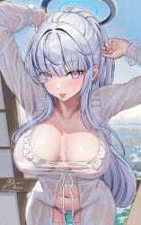 1girls :p absurdres adapted_costume arms_up blue_archive blue_sky blush bow bow_panties breasts collarbone commentary_request cropped_arms day dress female hair_intakes halo highres large_breasts long_hair long_sleeves looking_at_viewer mechanical_halo navel noa_(blue_archive) noa_(pajamas)_(blue_archive) official_alternate_costume official_alternate_hairstyle open_clothes open_dress paid_reward_available panties ponytail purple_eyes see-through_clothes see-through_dress shem_kako signature sky solo stomach tongue tongue_out underwear very_long_hair white_dress white_hair white_halo white_panties