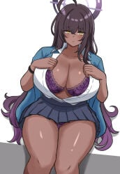 1girls absurdres ahoge blue_archive blue_cardigan blue_skirt blush bra breasts brown_hair cardigan cleavage collarbone crossed_bangs dark-skinned_female dark_skin female gradient_hair hair_between_eyes halo highres huge_breasts jacket karin_(blue_archive) karin_(school_uniform)_(blue_archive) latte_(a_nextsystem) matching_hair/eyes multicolored_hair open_clothes open_jacket open_shirt panties pantyshot partially_unbuttoned pleated_skirt purple_bra purple_hair purple_halo purple_panties shirt sitting skirt solo thighs underwear white_shirt wristband yellow_eyes