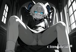 1boy ai_assisted ai_generated beautiful blue_eyes day detailed dress general glowing_eyes grayscale grin high_contrast highres horns indoors looking_at_viewer male_focus no_nose no_pupils perfect_anatomy pussy sharp_teeth sitting_on_chair slit_pupils smug socks upskirt_view