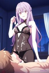 1girl after_sex ai_assisted ai_generated anime_screencap bare_shoulders bedroom black_lingerie black_stockings condom cum_covered cum_on_body cum_on_clothes cum_on_face filled_condom hair_between_eyes hair_ornament half_updo highres holding_used_condom laying_on_back laying_on_bed long_hair mature_female messy_hair mia night nipples on_back panties_aside pleasure purple_hair red_eyes shocked_eyes small_breasts thick_cum tiny_tits white_curtains