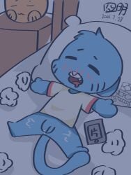 1boy blue_body blush cock cum cumming dick gumball_watterson jerking jerkingoff male_only penis sleeping tagme the_amazing_world_of_gumball unknown_artist