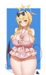1girls absurdres bare_shoulders blonde_hair blue_archive blush braid breasts cameltoe cleavage collarbone demon_girl demon_tail demon_wings female groin halo highres huge_breasts ibuki_(blue_archive) jewelry long_hair looking_at_viewer low_twin_braids necklace one-piece_swimsuit pink_one-piece_swimsuit pointy_ears shangdi_de_fa_zhang smile solo swimsuit tail thick_thighs thighs twin_braids wings yellow_eyes yellow_halo