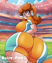 1girls 2026 ass ass_focus athletic blue_eyes blush booty_shorts breasts brown_hair clothing crown daisy-pink71 earrings huge_ass long_hair looking_at_viewer looking_back mario_(series) mario_strikers princess_daisy smile smug solo stadium white_skin