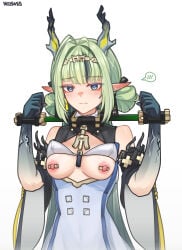1girl absurdres arknights arknights:_endfield bare_shoulders blue_eyes bound bound_arms breasts commentary_request dress green_hair highres horns long_hair looking_at_viewer medium_breasts nipple_piercing nipples piercing pillory pointy_ears restrained si_(arknights) solo standing underboob white_dress yaya_(17201490)