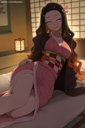 1girl ai_generated black_hair breasts forehead gag gradient_hair hair_ribbon hi_res high_quality high_resolution indoors japanese_clothes kamado_nezuko kimetsu_no_yaiba kimono long_hair long_sleeves looking_at_viewer multicolored_hair obi patreon pink_eyes pink_kimono pink_ribbon ribbon sash seductive sexy smile solo thighs uncensored very_long_hair watermark wide_sleeves