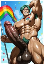 1boy abs ai ai_generated arm_up armpit armpit_hair balls bara big_cock big_pecs big_penis danganronpa danganronpa_3 dark-skinned_male dark_nipples dark_skin frowning full_naked green_hair holding_flag huge_cock lgbt_pride lgbt_pride_colors male male_focus male_only muscles muscular muscular_male naked naked_male nipples nude outside outside_nudity pecs penis precum precum_drip pubes pubic_hair purple_eyes rainbow_flag sakakura_juuzou seductive seductive_look smile solo solo_male standing steaming_body steamy_breath sticker_on_chest sweat veins veins_on_cock veins_on_dick veiny veiny_penis