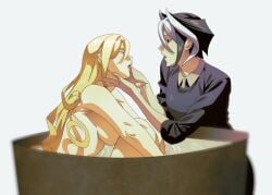 2girls bath bathing bathtub black_hair blonde_hair clothed_female_nude_female curly_hair da1_sae female female_only finger_in_another's_mouth long_hair looking_at_another lyza_(made_in_abyss) made_in_abyss medium_breasts nude nude_female ozen profile short_hair side_view sideboob two-tone_hair very_long_hair yuri