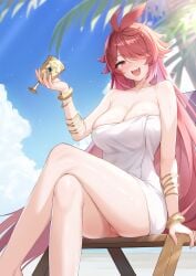 1girl absurdres asymmetrical_bangs bare_legs bare_shoulders beach blue_sky blush bracelet breasts cermia_(epic_seven) chalice cloud commentary_request cup epic_seven gold_bracelet half-closed_eye highres holding holding_cup jewelry large_breasts long_hair multiple_bracelets naked_towel no_panties one_eye_covered open_mouth outdoors pussy red_hair sitting sky solo teeth towel upper_teeth_only very_long_hair zesto