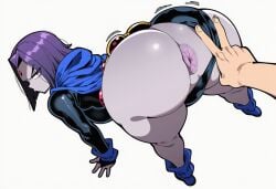 1boy 1boy1girl 1girls ai_generated annoyed anus ass ass_focus bent_over big_ass big_butt bubble_butt dc dc_comics fat_ass female latex mullon novelai purple_anus pussy raven_(dc) teen_titans