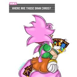 amy_rose artist_signature back_view big_breasts classic_amy_rose clothed_female dialogue fat_ass gameplay_mechanics hedgehog_girl object_between_ass outcome_memories pink_fur roblox_game sega sonic_(series) sonic_the_hedgehog_(series) tarot_card two-tone_fur visible_underwear wabbix_toons