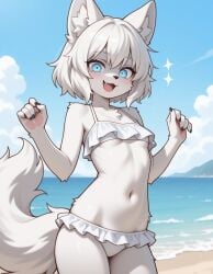 ai_generated bikini blue_eyes breasts female fluffy_tail frilled_bikini furry luna_winters underboob white_hair wolf wolf_girl wolf_tail