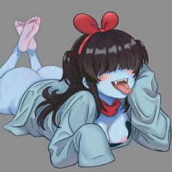 1girl ahegao aqua_(deltarune) artlongon ass_focus barefoot black_hair blue_skin blush bottomless bottomless_dress breast_slip breasts breasts_out butt_crack dark_hair deltarune deltarune_chapter_5 downblouse drooling fangs feet_up female from_above hair_bow large_breasts legs_up light_blue_skin long_tongue lying monster_girl nipple_slip nipples no_panties open_mouth open_shirt oversized_shirt pigtails pink_nipples prone red_bow red_ribbon saliva soles solo tongue_out twintails unbuttoned_shirt